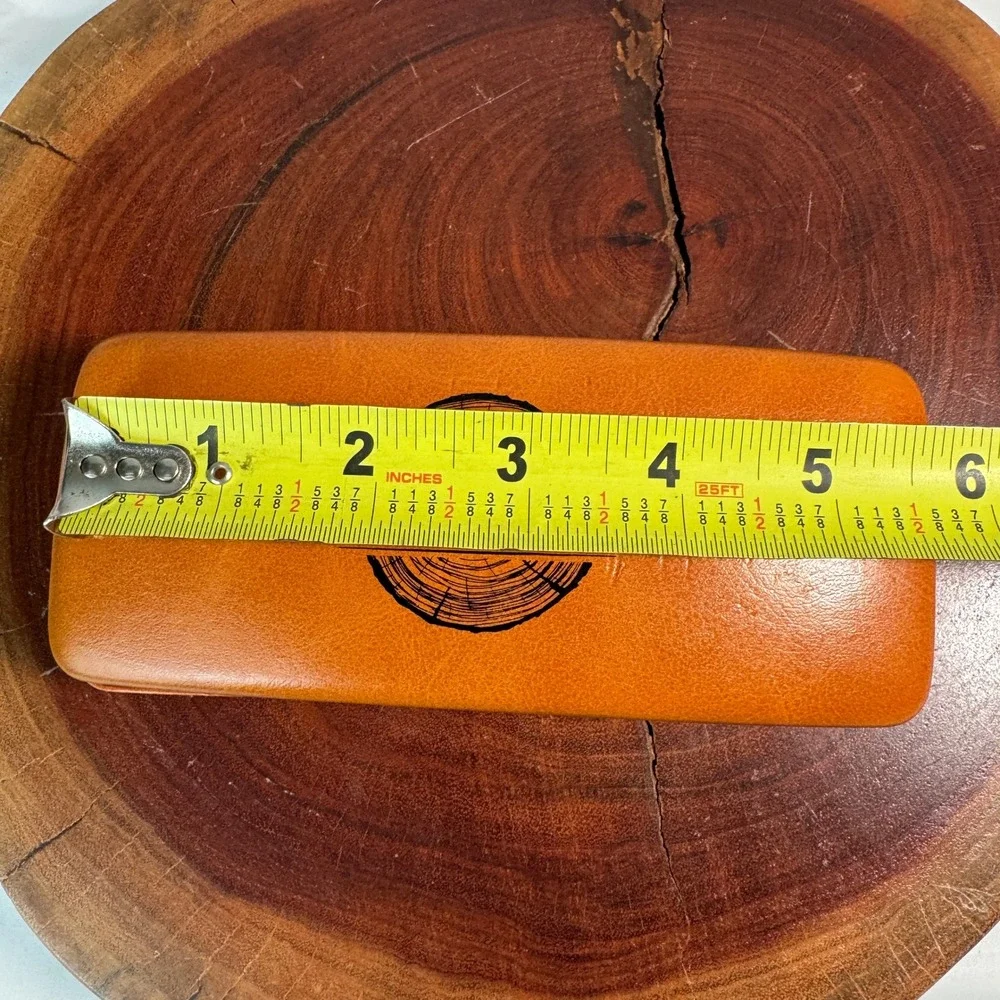 Glen Lane Tan Faux Leather Hard Shell Eyeglasses Sunglasses Case Wood Grain Logo